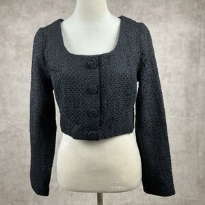 VICI Collection Black Textured Cropped Jacket Square Neck Button Front Women